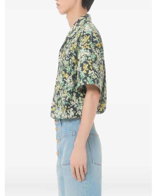 Valentino Garavani Green Cotton Poplin Bowling Shirt With Papier Floral Print for men