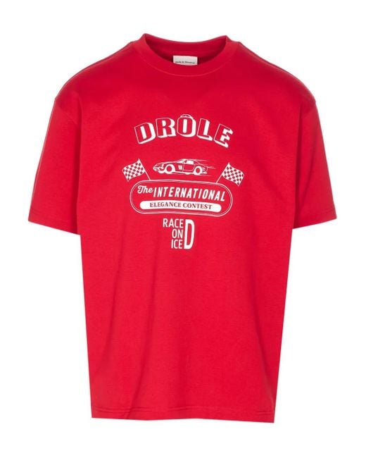 Drole de Monsieur Red Graphic-Print Cotton T-Shirt for men