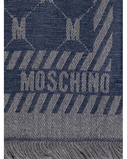 Moschino Blue Monogram-Print Frayed Scarf