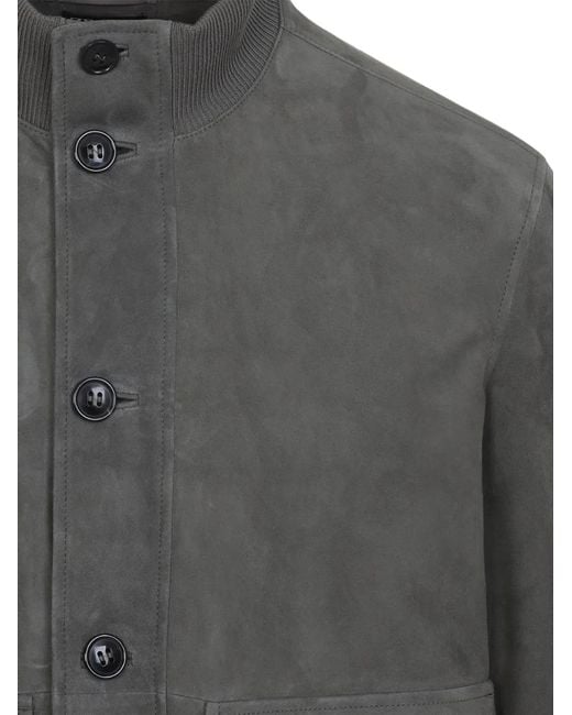 Zegna Gray Buttoned Leather Jacket for men