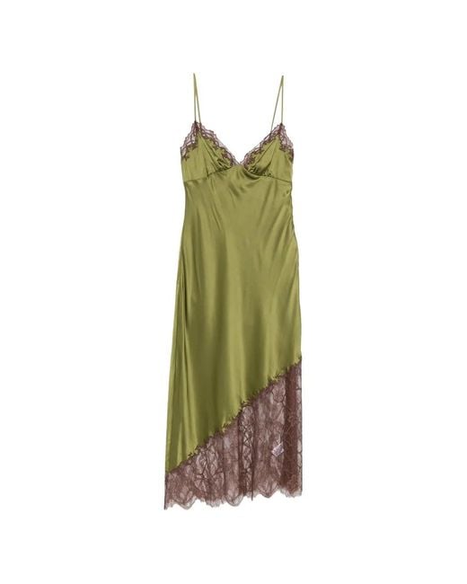 Staud Green Lara Lace-Trim Silk Asymmetric Dress