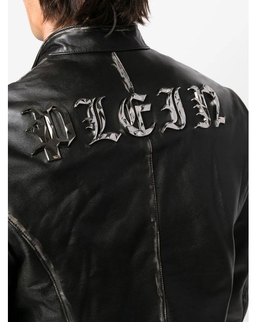 Philipp Plein Black Logo-Plaque Leather Biker Jacket for men