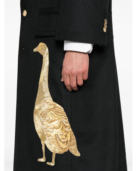 Thom Browne Black Cashmere Embroidered Applique Overcoat for men
