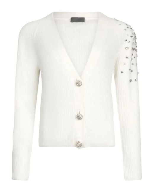 Liu Jo White Textured Sweater With Deep V-Neckline And Embellished Shoulder