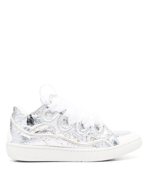 Lanvin White Crinkle-effect Curb Leather Sneakers