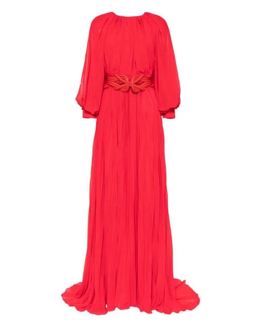 Saiid Kobeisy Red Pleated Puff-Sleeve Dress