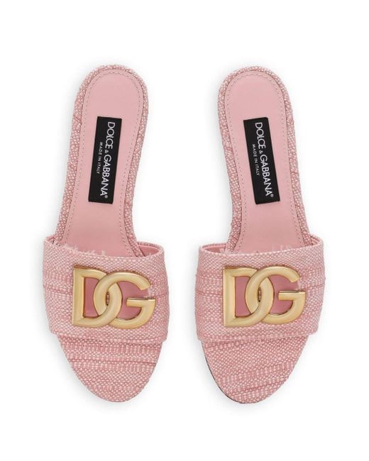 Dolce & Gabbana Raffia Slippers Met Logoplakkaat in het Pink