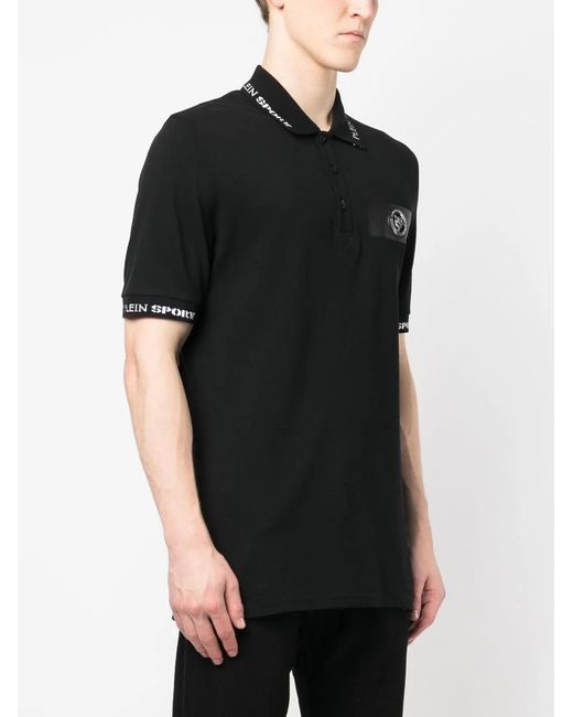 Philipp Plein Black Logo-Patch Short-Sleeved Polo Shirt for men