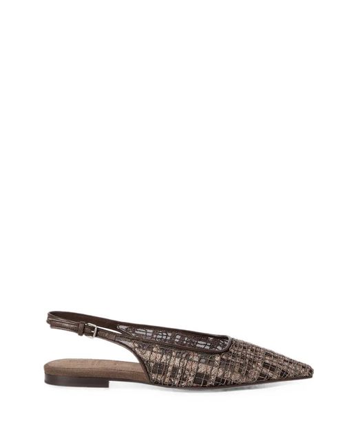 Brunello Cucinelli White Precious Check Embroidery Slingback Flats