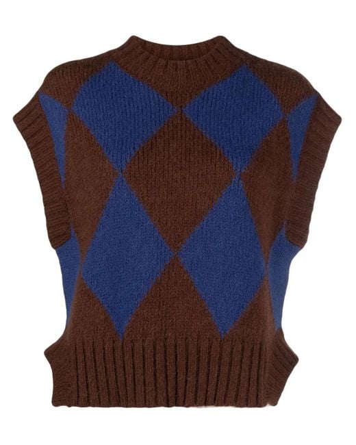LaDoubleJ Blue Argyle-Check Knitted Vest