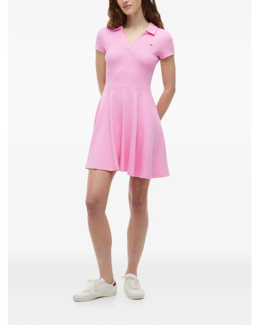 Tommy Hilfiger Pink Mini Ribbed-Knit Flared Polo Dress