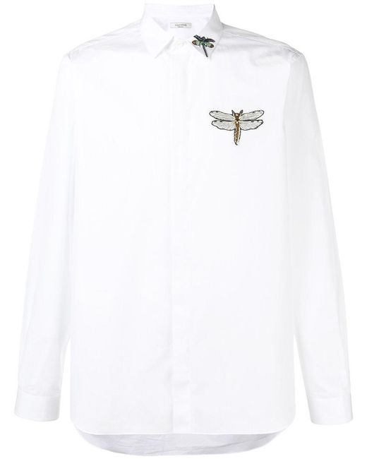 Valentino White Dragonfly Embroidered Shirt for men