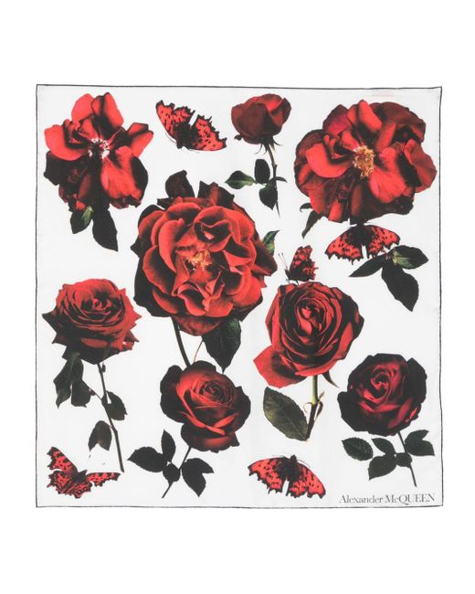 Alexander McQueen Red Silk Scarf With Roses Print