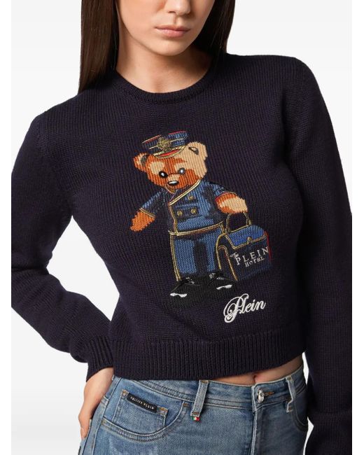 Philipp Plein Blue Cropped Round Neck Pullover Teddy Doorman