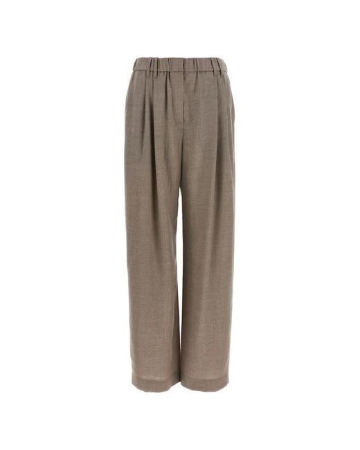 Brunello Cucinelli Natural Pleated Wide-Leg Trousers