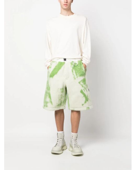 Y-3 Green Brush-Stroke Print Fleece Shorts for men