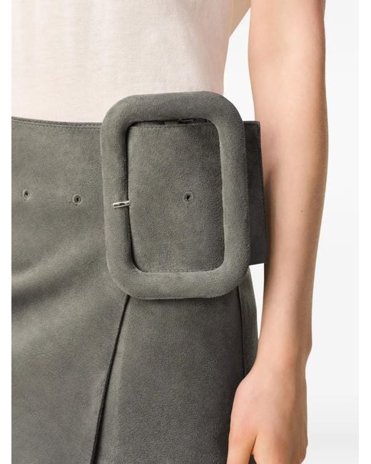 AMI Gray Goat Leather Big Buckle Belted Mini Skirt