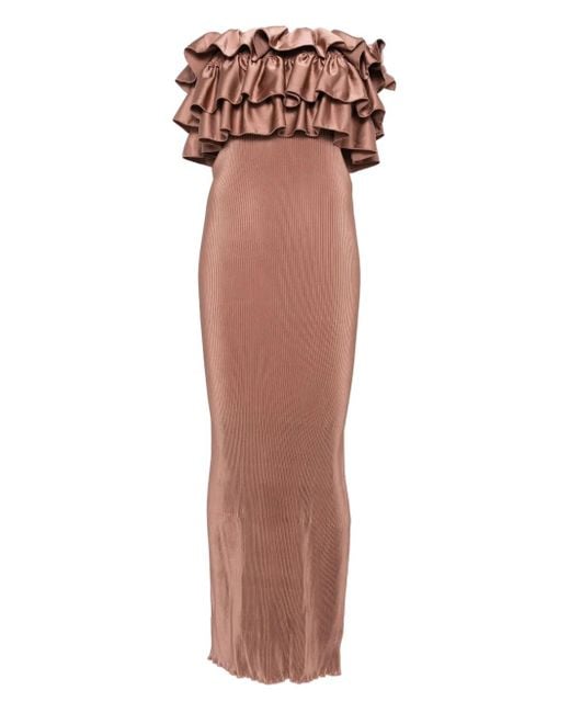 L'idée Brown Pleated Ruffled Maxi Evening Dress