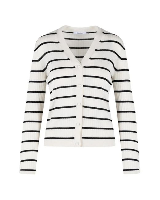 Max Mara White Slim Fit V-Neckline Sweater With Drop Shoulder Long Sleeves