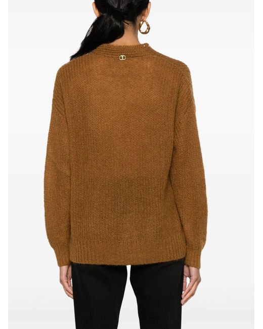 Twinset Brown Rhinestone-Embellished Cut-Out Jumper