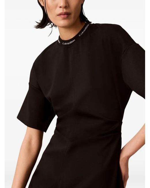 Calvin Klein Black Logo-Neckline Gathered-Waist Mini Dress