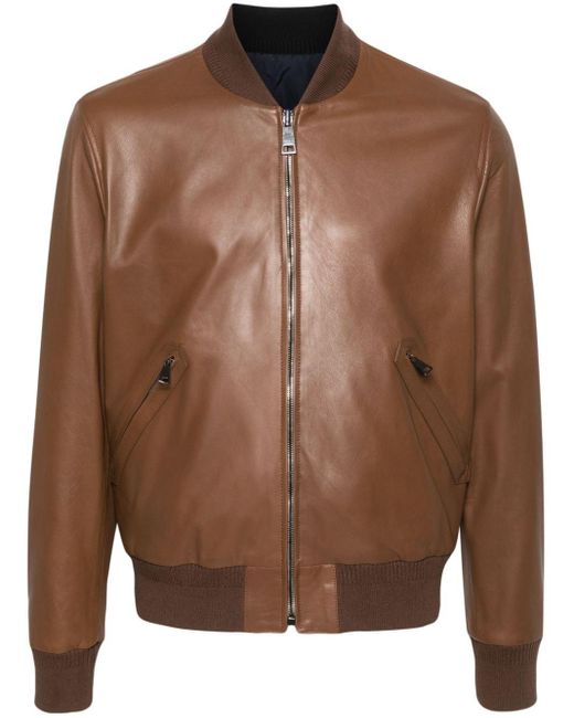 Canali Brown Ribbed-trim Leather Jacket for men