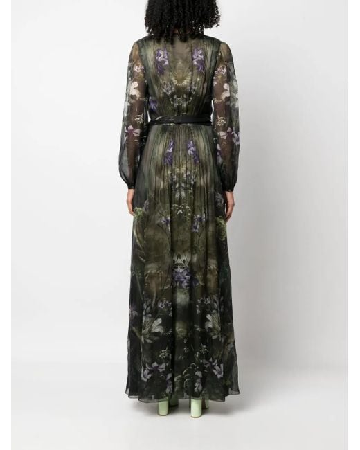 Alberta Ferretti Black Winter Garden-Print Silk Maxi Dress