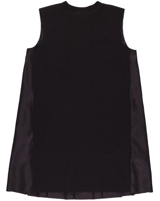 Sacai Black Pleated Cotton Mini Dress