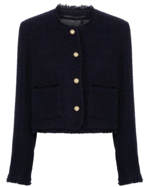 Miu Miu Blue Collarless Cropped Tweed Jacket