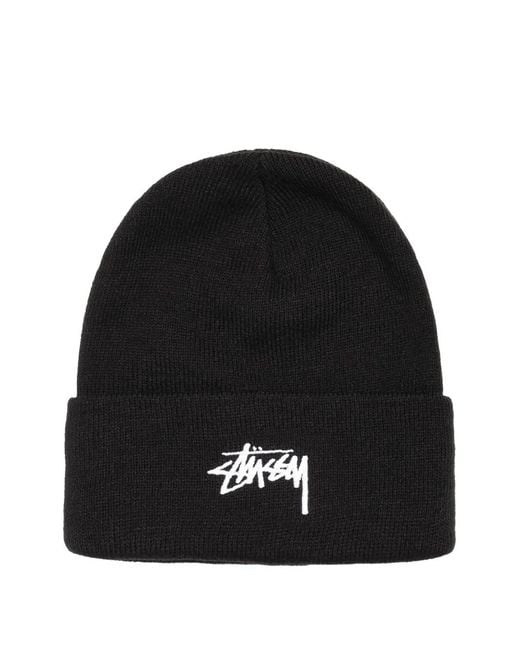 Stussy Black Stock Logo-embroidered Beanie Hat for men