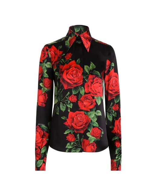 Dolce & Gabbana Red Rose-Print Silk Shirt
