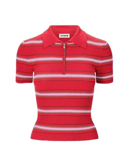 Staud Red Ren Zip-Fatening Striped Polo Shirt