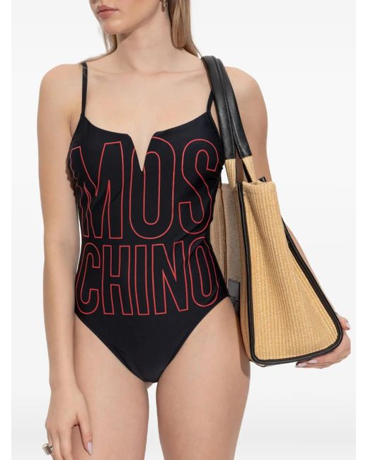 Moschino Purple Logo-Print V-Neck Swimsuit