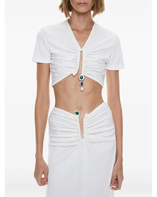 Christopher Esber White Droplet Ruched Crystal-Pendant T-Shirt