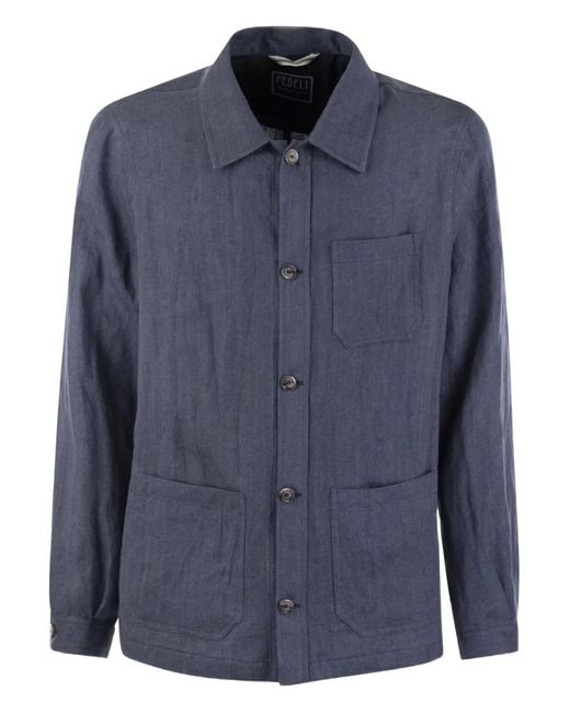 Fedeli Blue Bristol Breast-Pocket Linen Jacket for men