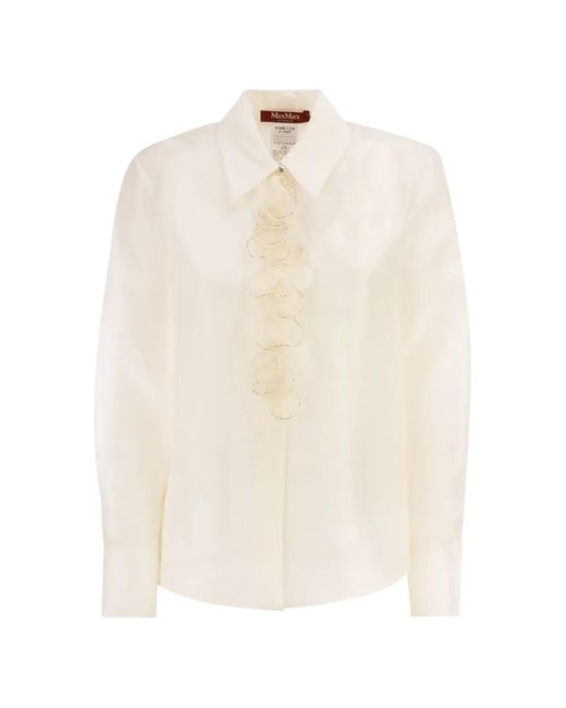 Max Mara White Silk Shirt With Jewel Button And Rhinestone Ruffles On The Front