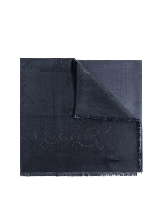 Ferragamo Blue Jacquard-Patterned Frayed Scarf