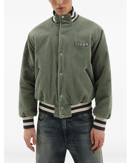 1989 STUDIO Green Corduroy Embroidered Bomber Jacket for men