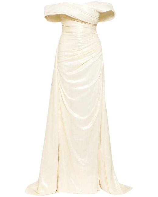 Saiid Kobeisy Natural Lamé Off-Shoulder Dress