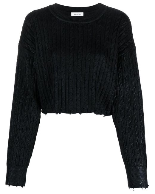 Sandro Black Cable-knit Cropped Cotton-wool Jumper