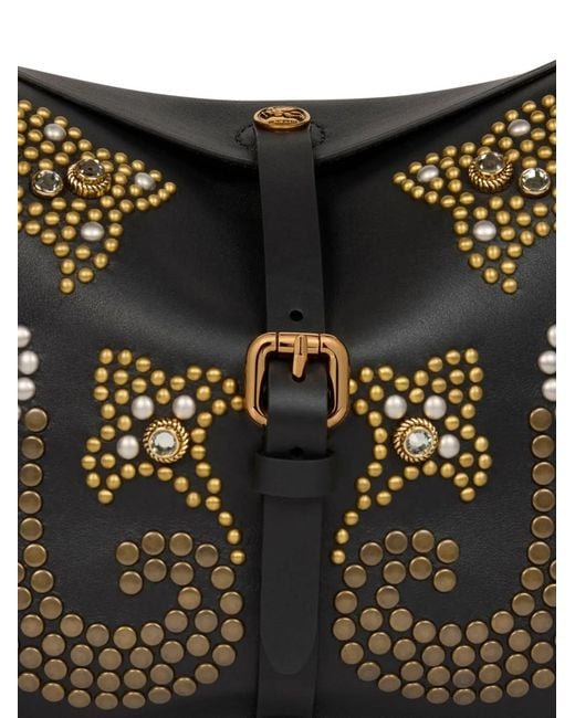 Etro Black Medium Pony Studded Leather Shoulder Bag
