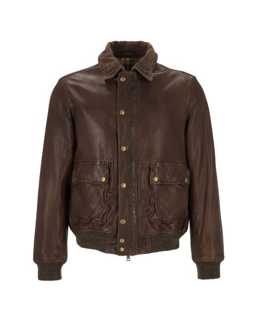 Al Duca D'aosta Brown Grainy Leather Bomber Jacket for men