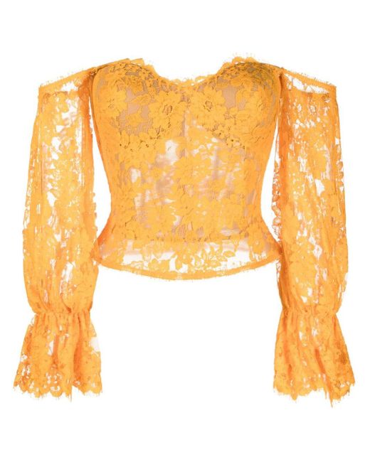 Gemy Maalouf Orange Floral-lace Off-shoulder Blouse