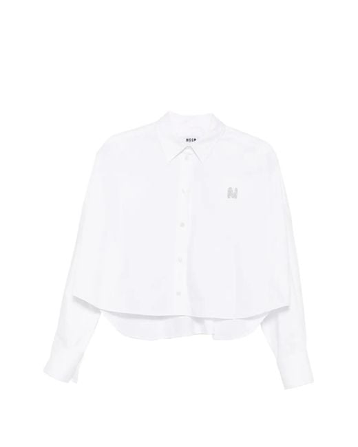 MSGM White Rhinestone-Logo Cropped Shirt