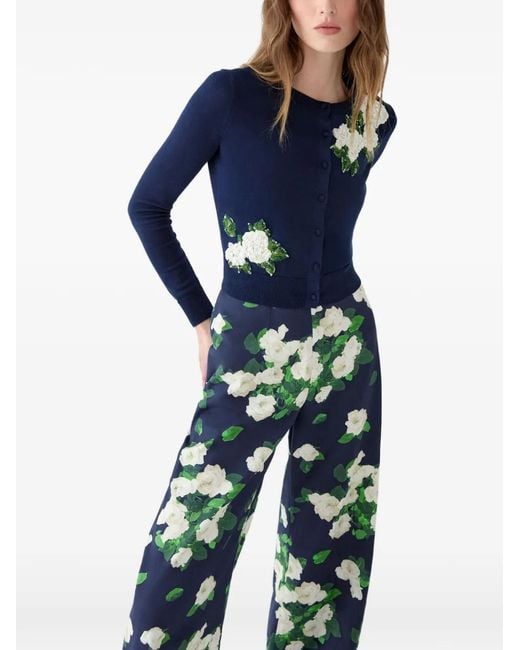 Carolina Herrera Blue Floral-Embroidered Sequin-Embellished Cardigan