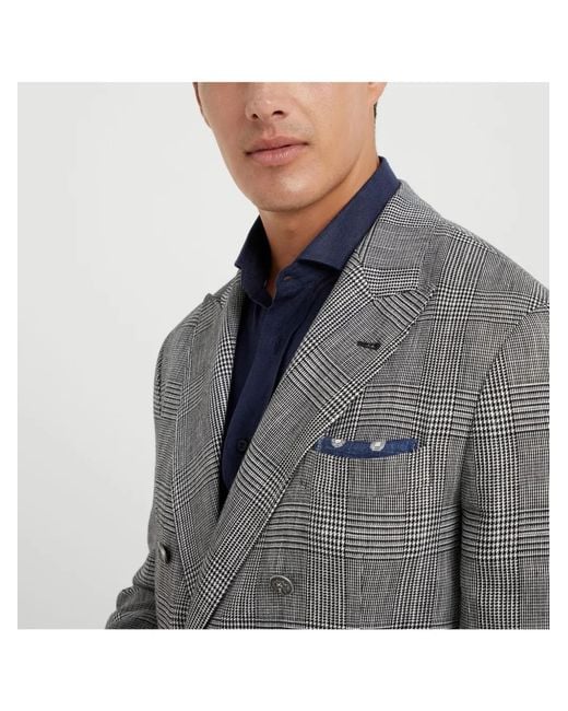 Brunello Cucinelli Gray Plaid Double-Breasted Blazer for men