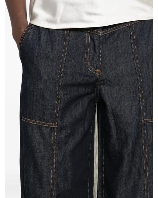 Self-Portrait Gray Contrast-Stitch Wide-Leg Jeans