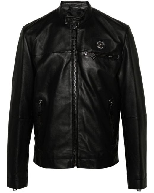 Veste en cuir à patch logo Versace pour homme en coloris Black