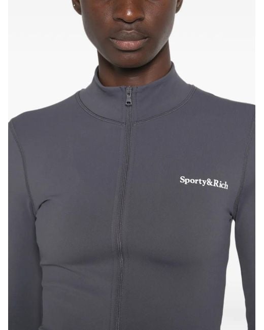 Sporty & Rich Blue Logo-Print Zip-Up Sweater