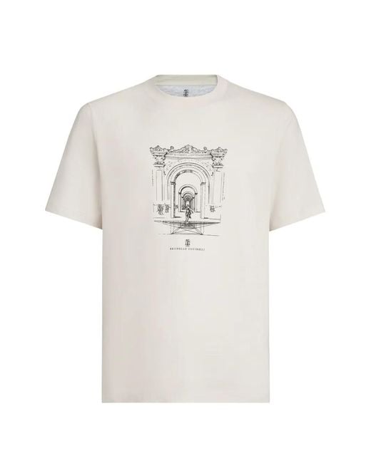 Brunello Cucinelli White Cotton Jersey Crew Neck T-Shirt With Print for men